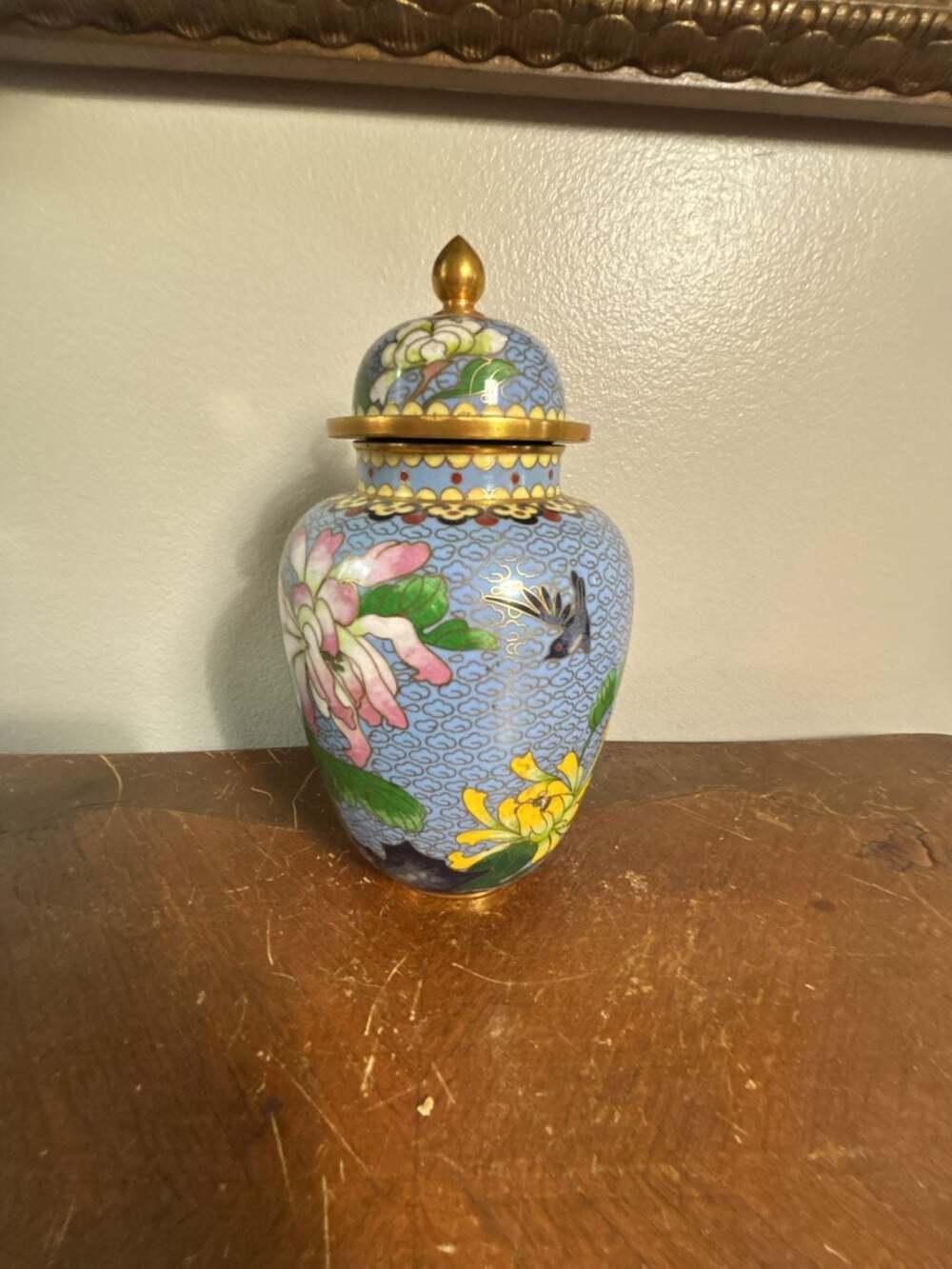 Vintage Chinese Cloisonne Lidded Ginger Jar Vase Blue Floral Bird Brass